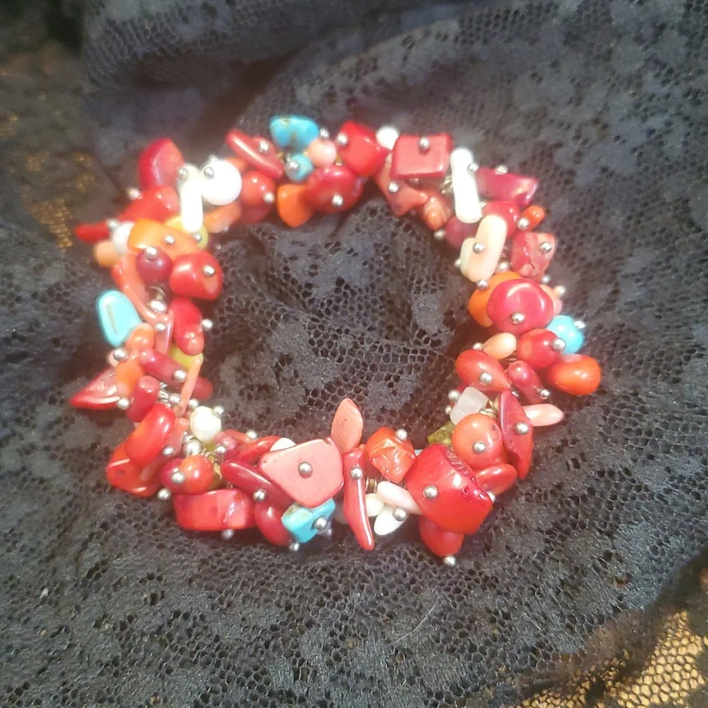 Colorful Beaded Bracelet Turquoise, Coral, MOP.  DD